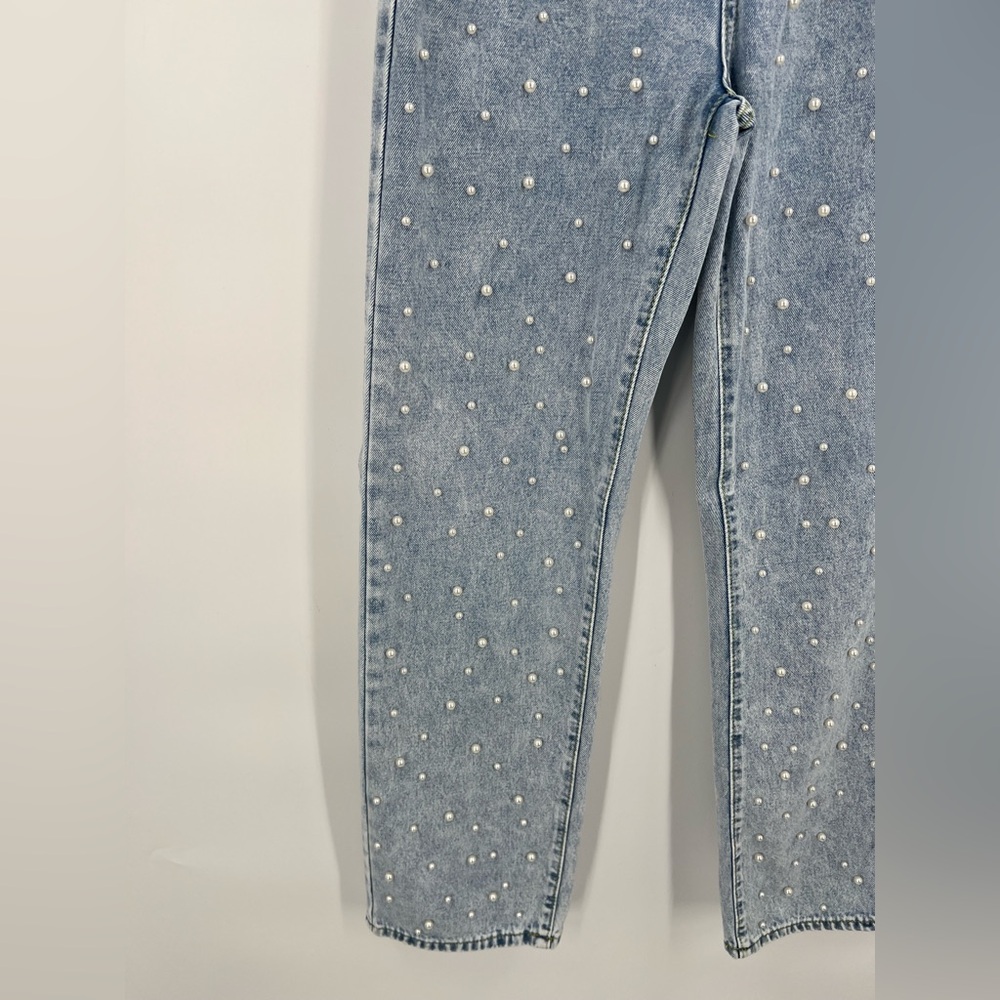Pearl embellished straight leg statement jeans S coquette feminine spring - Picture 9 of 11